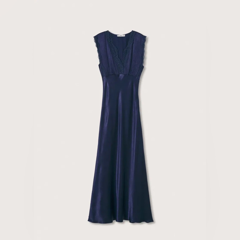Mango Navy Blue Maxi Dress with Lace Bodice